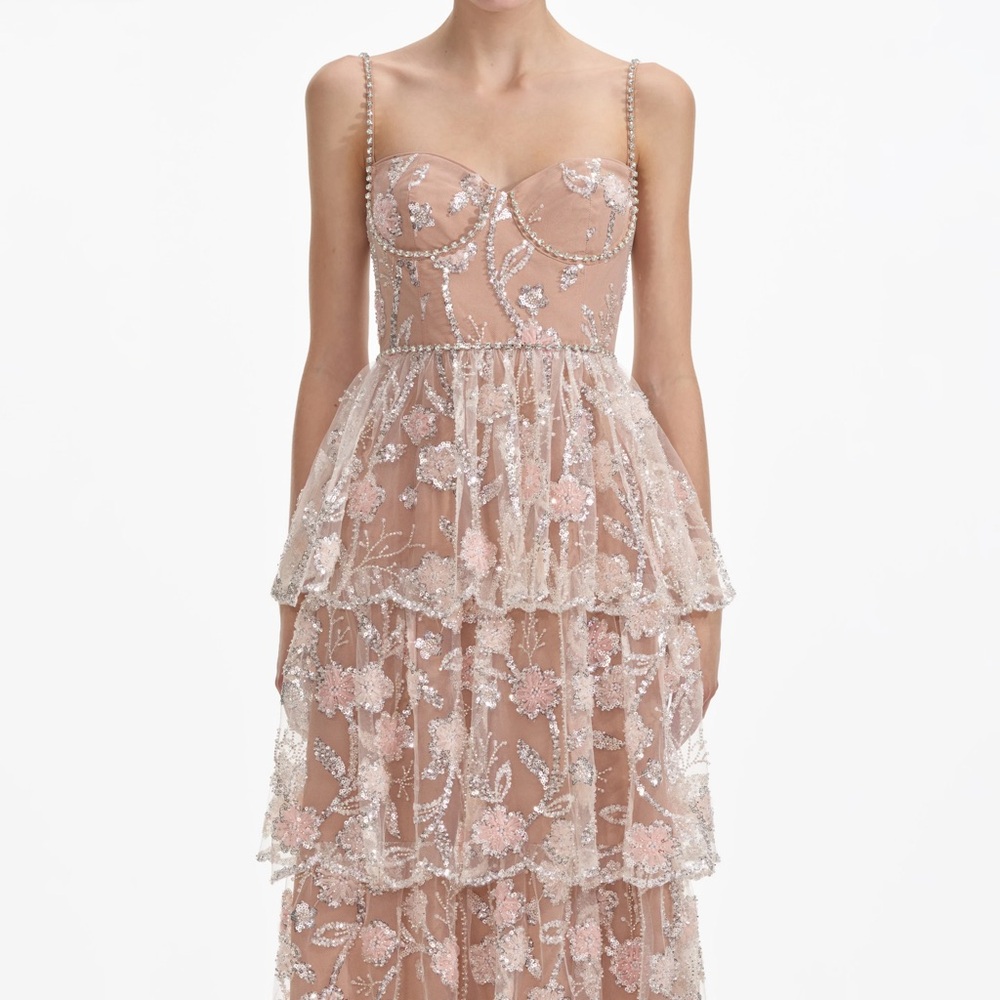 Self-Portrait Blush Pink Strapless Tiered Lace Gown